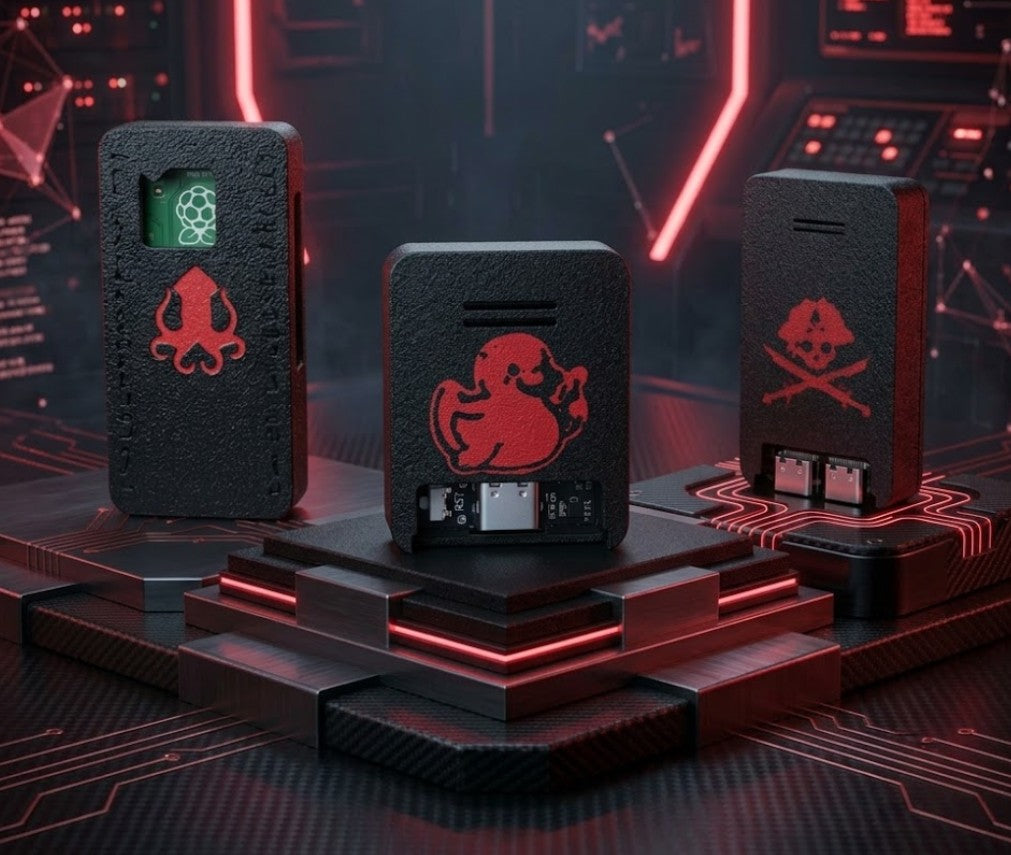Kraken HID, WiFi Duck and Jolly Bus Pirate in black cases with red inlays, on a lit display stand